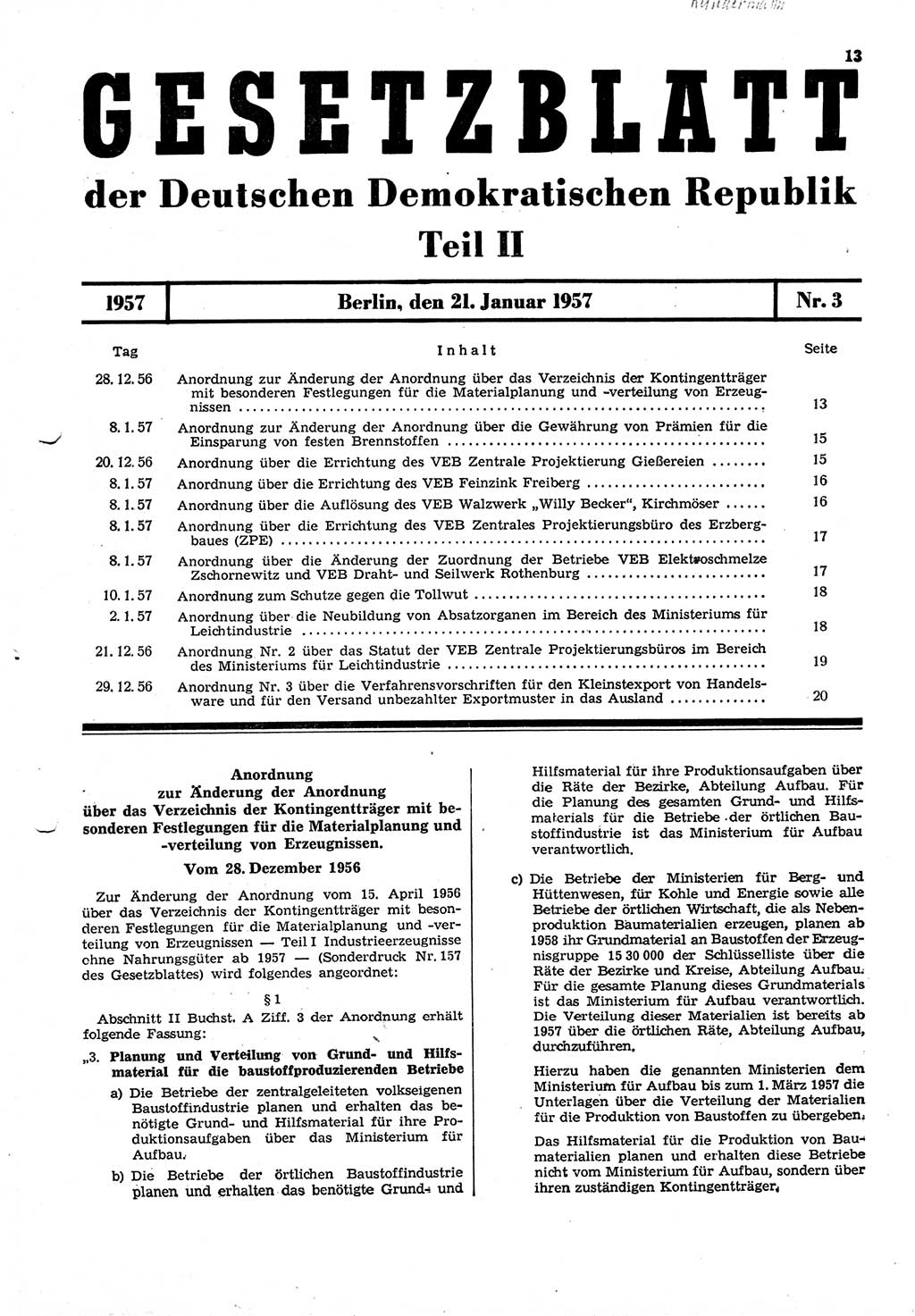 Gesetzblatt (GBl.) der Deutschen Demokratischen Republik (DDR) Teil ⅠⅠ 1957, Seite 13 (GBl. DDR ⅠⅠ 1957, S. 13)