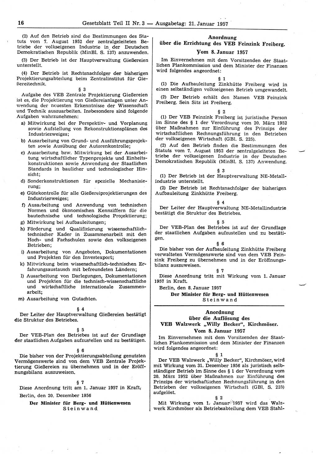 Gesetzblatt (GBl.) der Deutschen Demokratischen Republik (DDR) Teil ⅠⅠ 1957, Seite 16 (GBl. DDR ⅠⅠ 1957, S. 16)