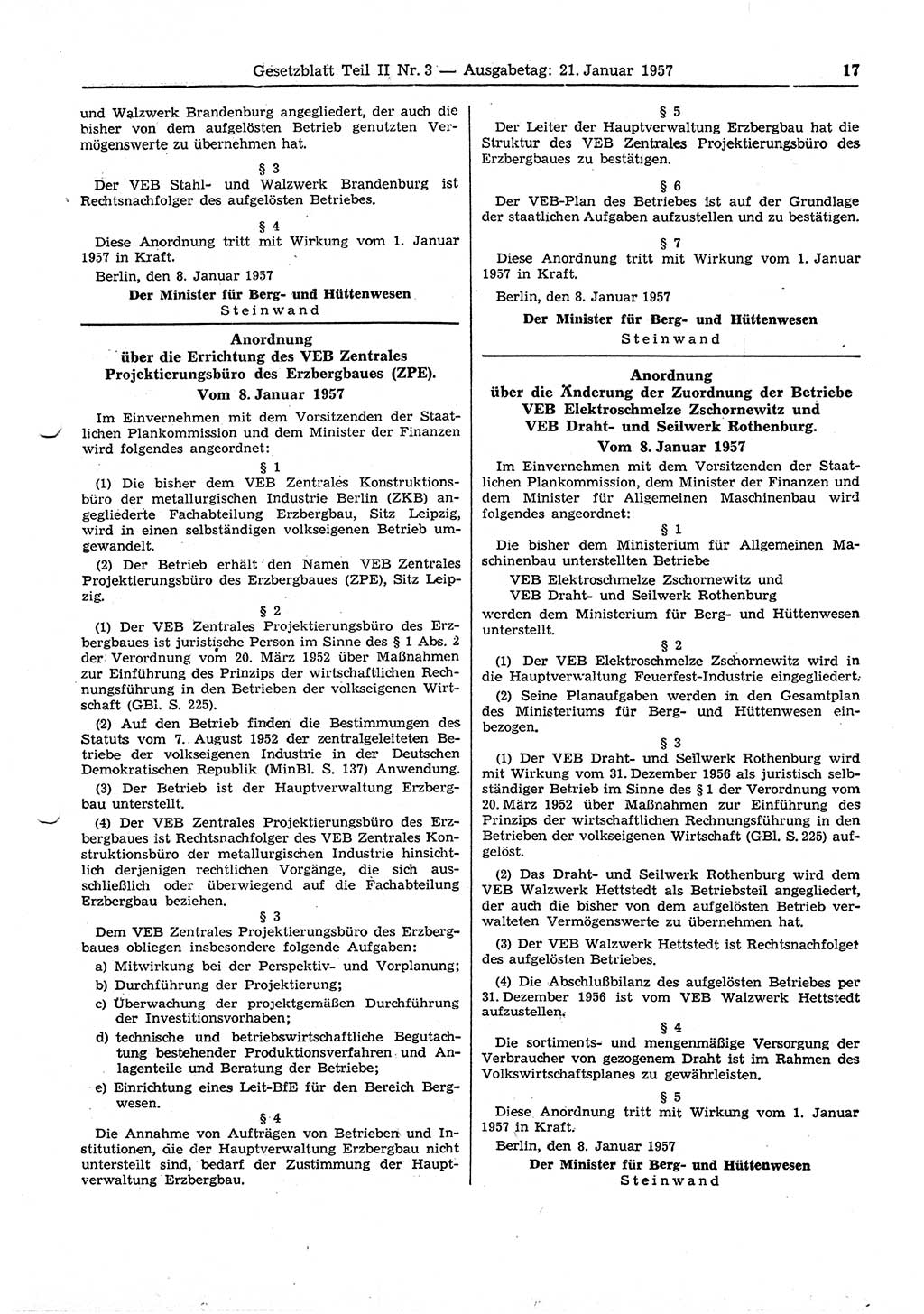 Gesetzblatt (GBl.) der Deutschen Demokratischen Republik (DDR) Teil ⅠⅠ 1957, Seite 17 (GBl. DDR ⅠⅠ 1957, S. 17)