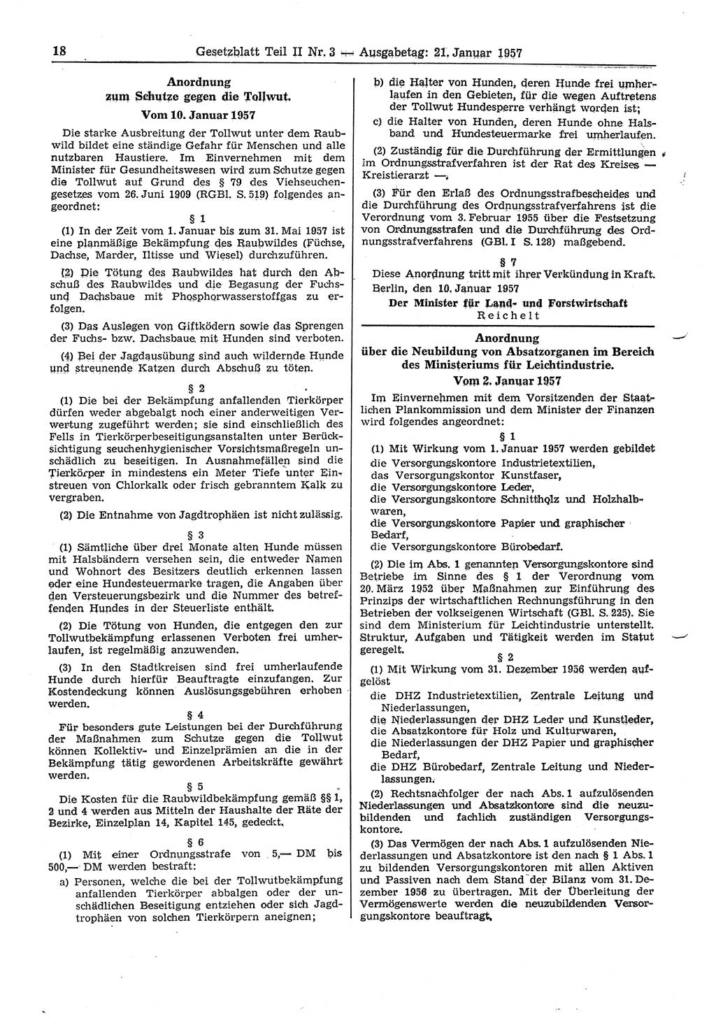 Gesetzblatt (GBl.) der Deutschen Demokratischen Republik (DDR) Teil ⅠⅠ 1957, Seite 18 (GBl. DDR ⅠⅠ 1957, S. 18)