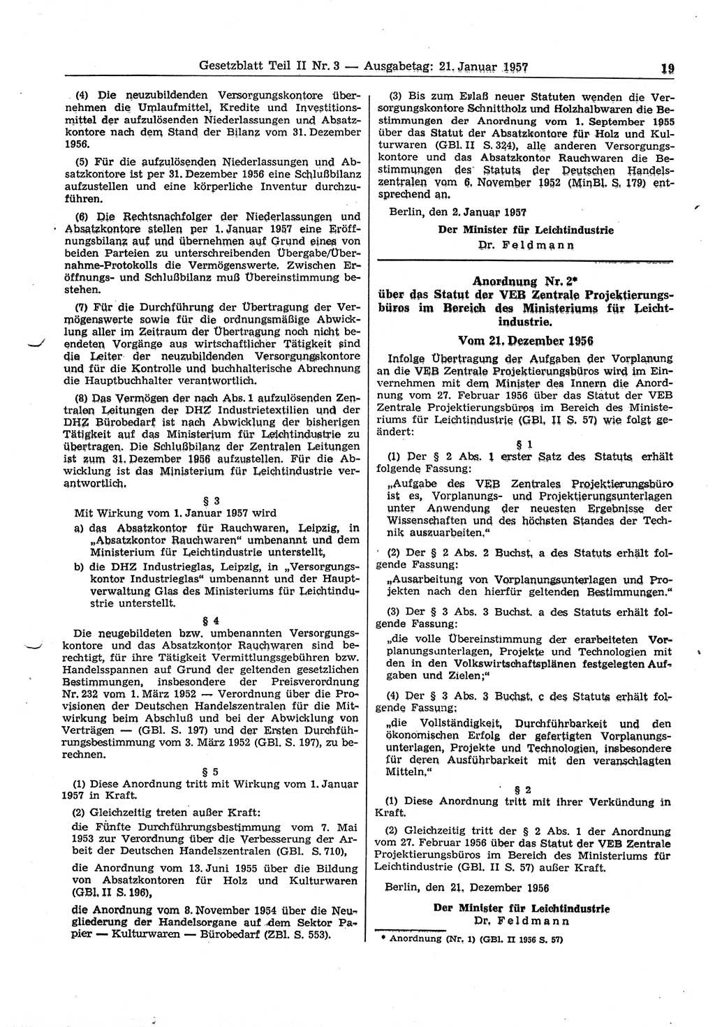 Gesetzblatt (GBl.) der Deutschen Demokratischen Republik (DDR) Teil ⅠⅠ 1957, Seite 19 (GBl. DDR ⅠⅠ 1957, S. 19)
