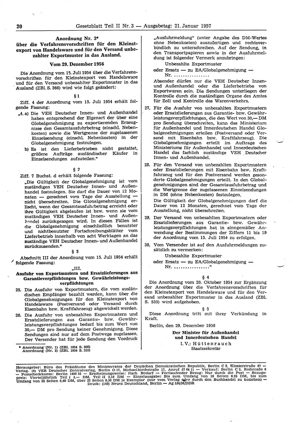 Gesetzblatt (GBl.) der Deutschen Demokratischen Republik (DDR) Teil ⅠⅠ 1957, Seite 20 (GBl. DDR ⅠⅠ 1957, S. 20)