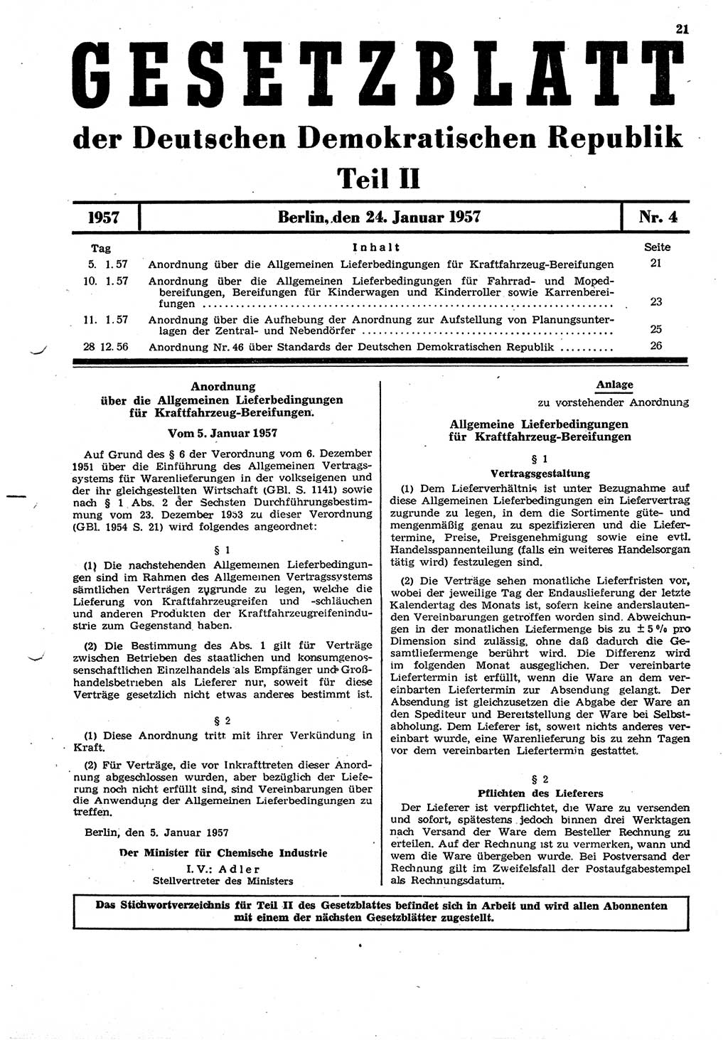 Gesetzblatt (GBl.) der Deutschen Demokratischen Republik (DDR) Teil ⅠⅠ 1957, Seite 21 (GBl. DDR ⅠⅠ 1957, S. 21)