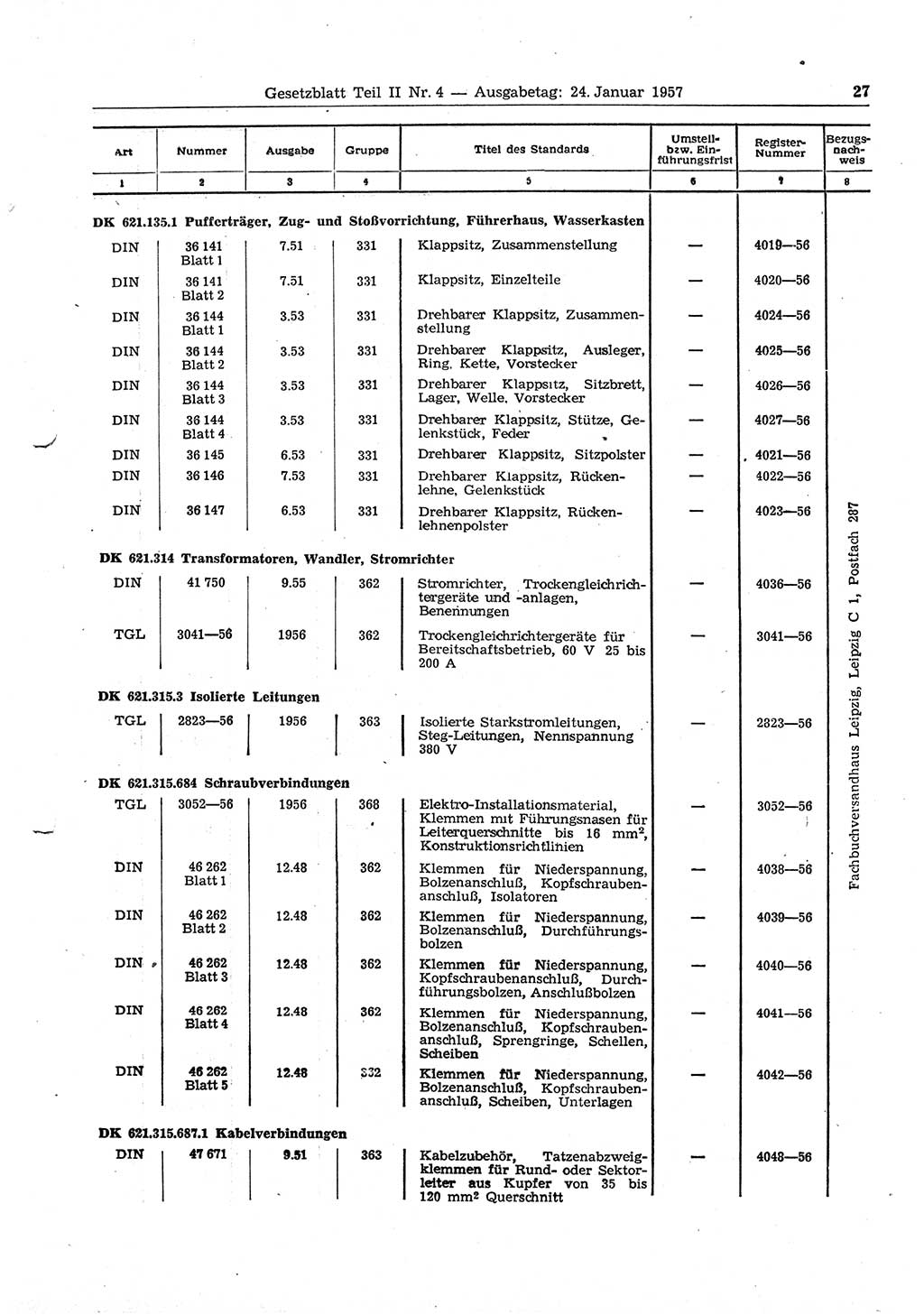 Gesetzblatt (GBl.) der Deutschen Demokratischen Republik (DDR) Teil ⅠⅠ 1957, Seite 27 (GBl. DDR ⅠⅠ 1957, S. 27)