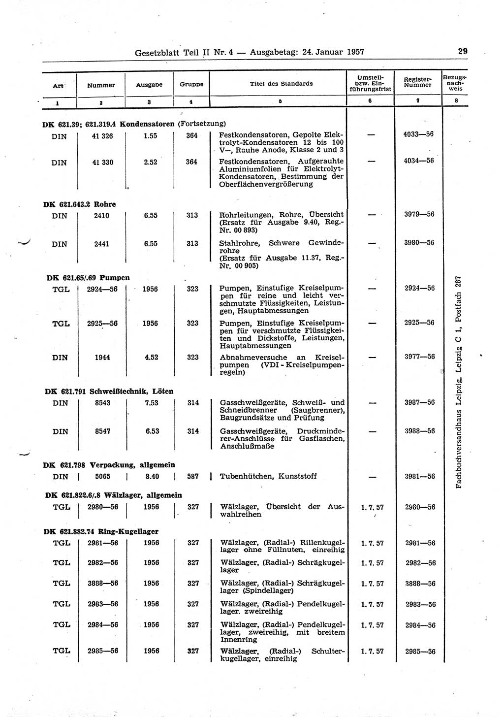 Gesetzblatt (GBl.) der Deutschen Demokratischen Republik (DDR) Teil ⅠⅠ 1957, Seite 29 (GBl. DDR ⅠⅠ 1957, S. 29)