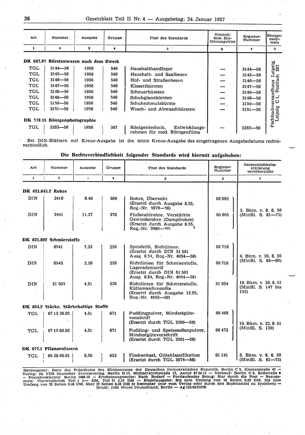 Gesetzblatt (GBl.) der Deutschen Demokratischen Republik (DDR) Teil ⅠⅠ 1957, Seite 36 (GBl. DDR ⅠⅠ 1957, S. 36)