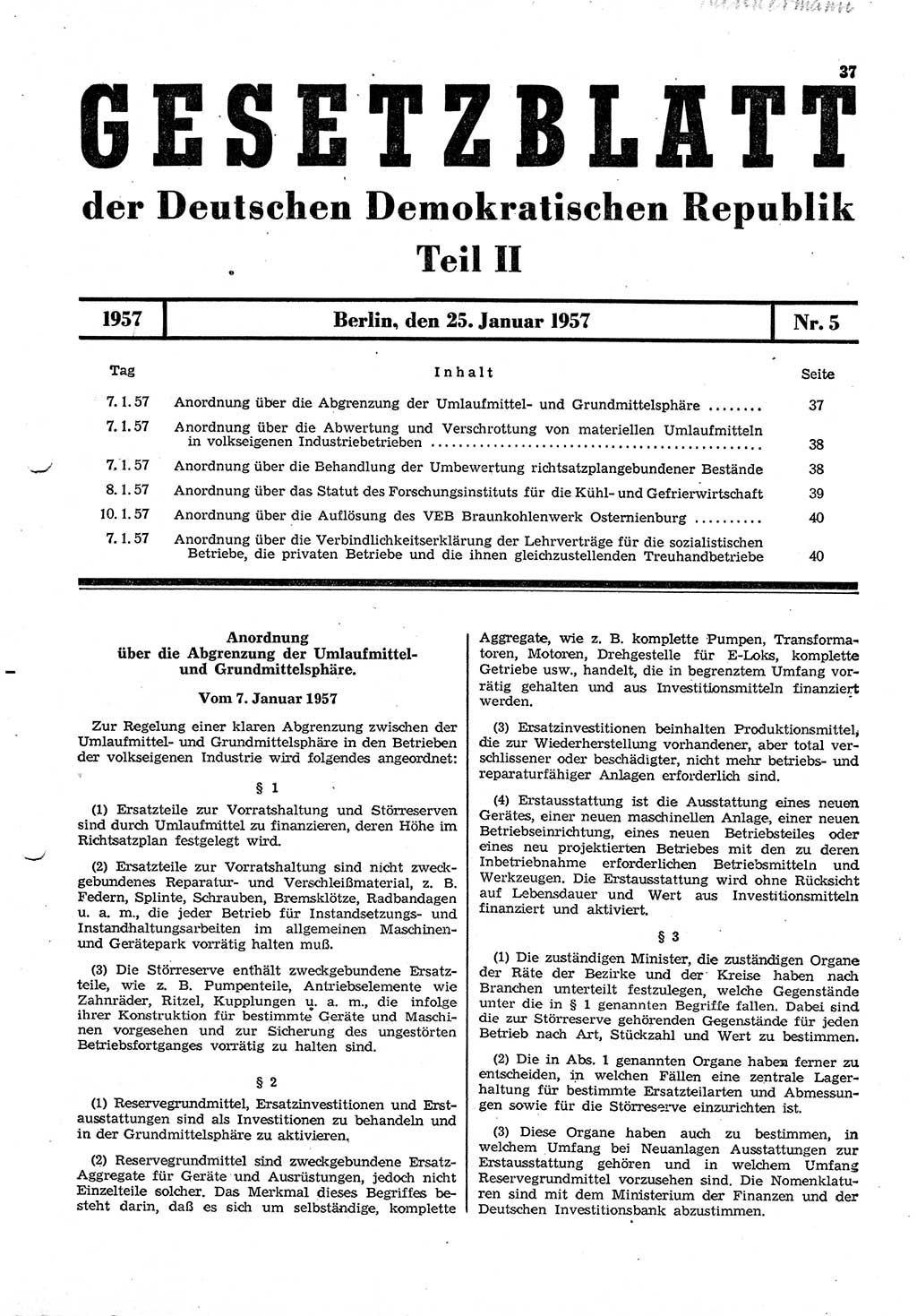 Gesetzblatt (GBl.) der Deutschen Demokratischen Republik (DDR) Teil ⅠⅠ 1957, Seite 37 (GBl. DDR ⅠⅠ 1957, S. 37)