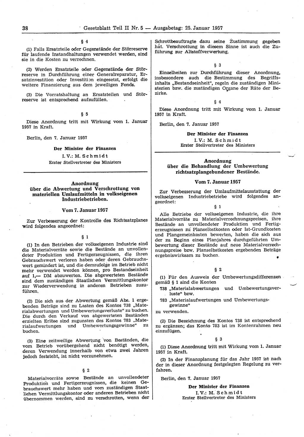 Gesetzblatt (GBl.) der Deutschen Demokratischen Republik (DDR) Teil ⅠⅠ 1957, Seite 38 (GBl. DDR ⅠⅠ 1957, S. 38)
