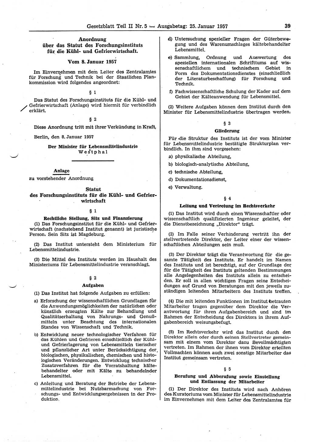 Gesetzblatt (GBl.) der Deutschen Demokratischen Republik (DDR) Teil ⅠⅠ 1957, Seite 39 (GBl. DDR ⅠⅠ 1957, S. 39)