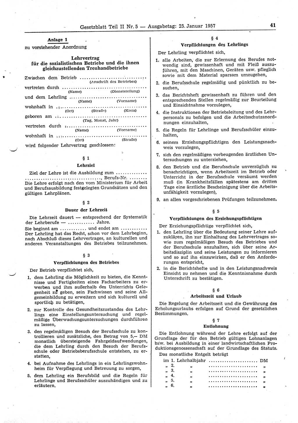 Gesetzblatt (GBl.) der Deutschen Demokratischen Republik (DDR) Teil ⅠⅠ 1957, Seite 41 (GBl. DDR ⅠⅠ 1957, S. 41)