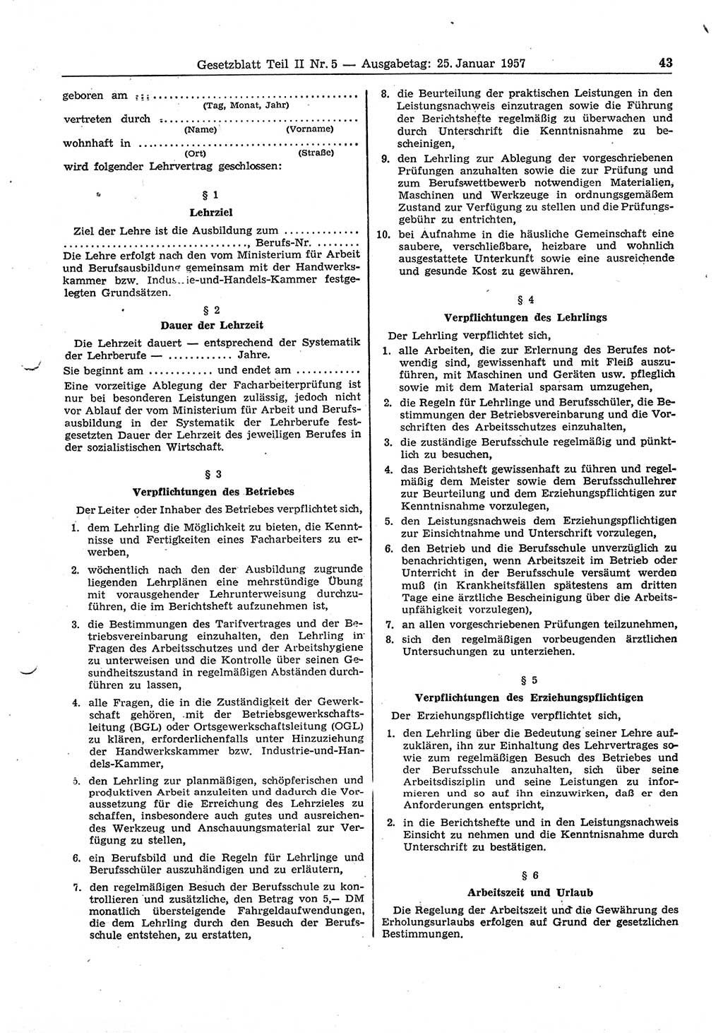 Gesetzblatt (GBl.) der Deutschen Demokratischen Republik (DDR) Teil ⅠⅠ 1957, Seite 43 (GBl. DDR ⅠⅠ 1957, S. 43)