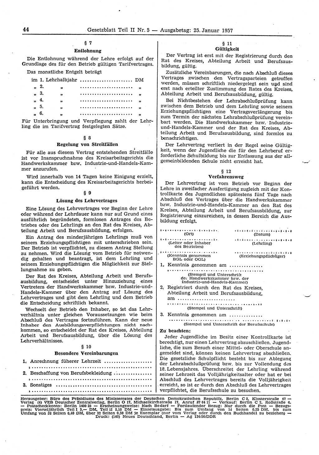 Gesetzblatt (GBl.) der Deutschen Demokratischen Republik (DDR) Teil ⅠⅠ 1957, Seite 44 (GBl. DDR ⅠⅠ 1957, S. 44)
