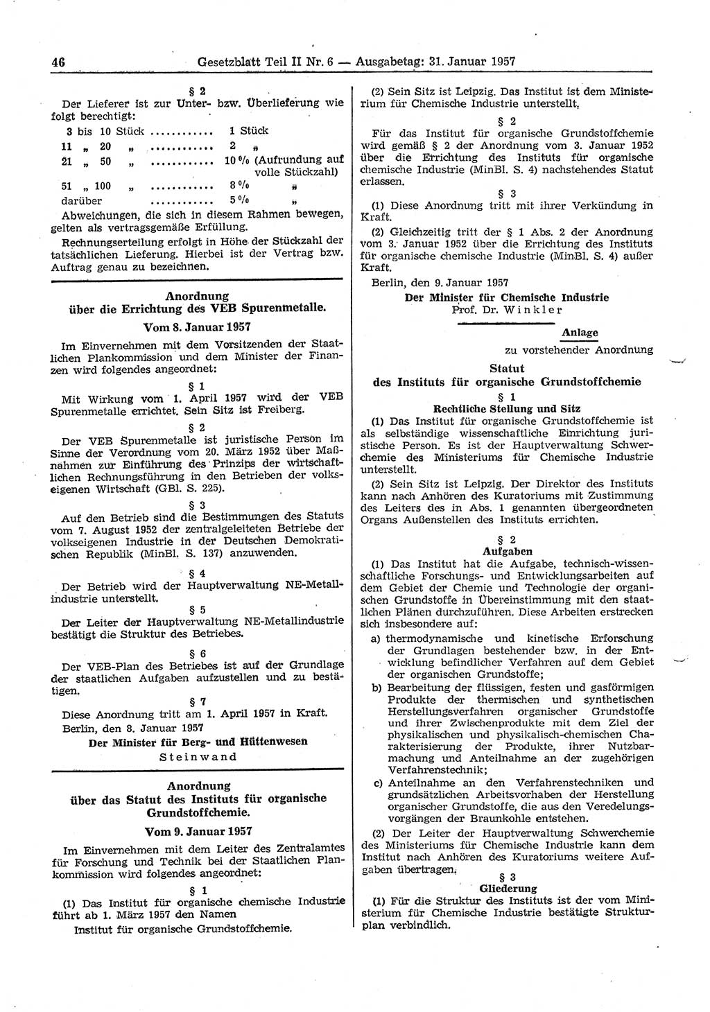 Gesetzblatt (GBl.) der Deutschen Demokratischen Republik (DDR) Teil ⅠⅠ 1957, Seite 46 (GBl. DDR ⅠⅠ 1957, S. 46)