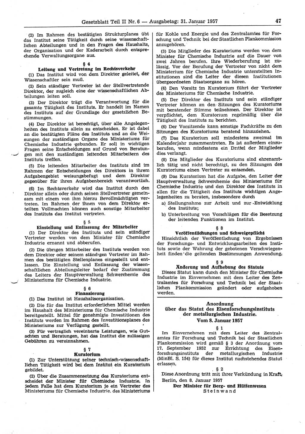 Gesetzblatt (GBl.) der Deutschen Demokratischen Republik (DDR) Teil ⅠⅠ 1957, Seite 47 (GBl. DDR ⅠⅠ 1957, S. 47)