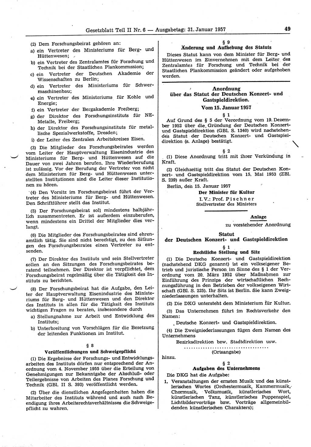 Gesetzblatt (GBl.) der Deutschen Demokratischen Republik (DDR) Teil ⅠⅠ 1957, Seite 49 (GBl. DDR ⅠⅠ 1957, S. 49)