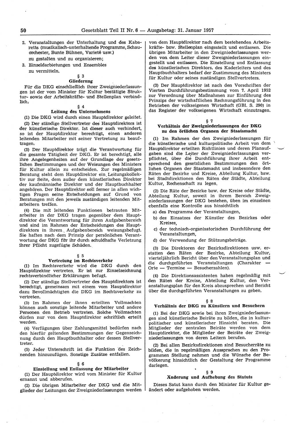 Gesetzblatt (GBl.) der Deutschen Demokratischen Republik (DDR) Teil ⅠⅠ 1957, Seite 50 (GBl. DDR ⅠⅠ 1957, S. 50)
