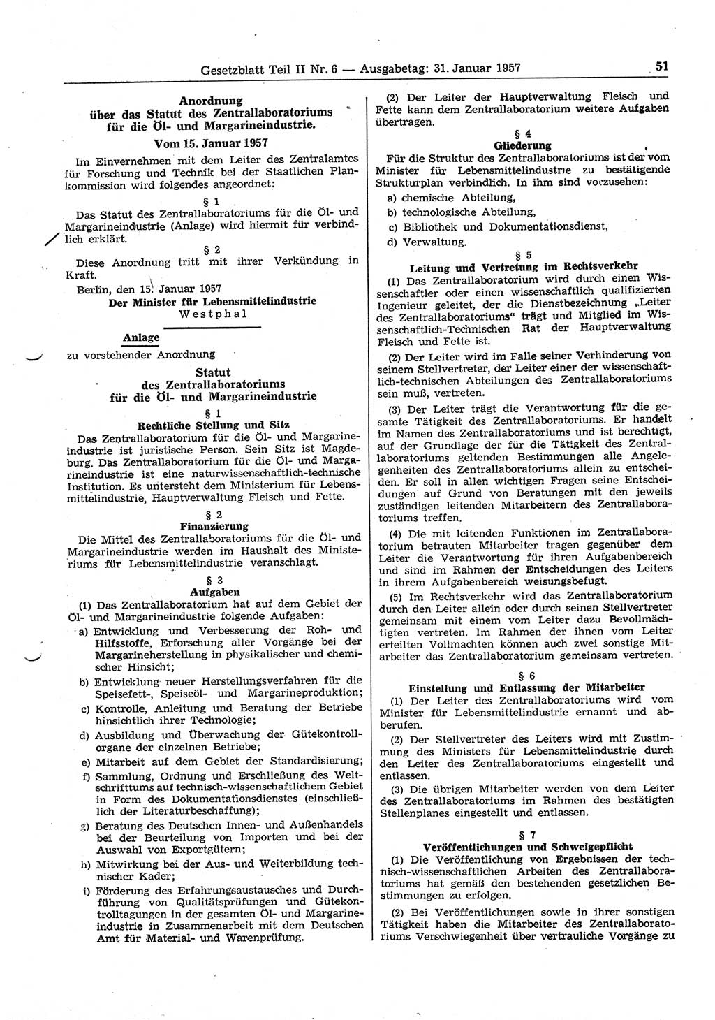 Gesetzblatt (GBl.) der Deutschen Demokratischen Republik (DDR) Teil ⅠⅠ 1957, Seite 51 (GBl. DDR ⅠⅠ 1957, S. 51)