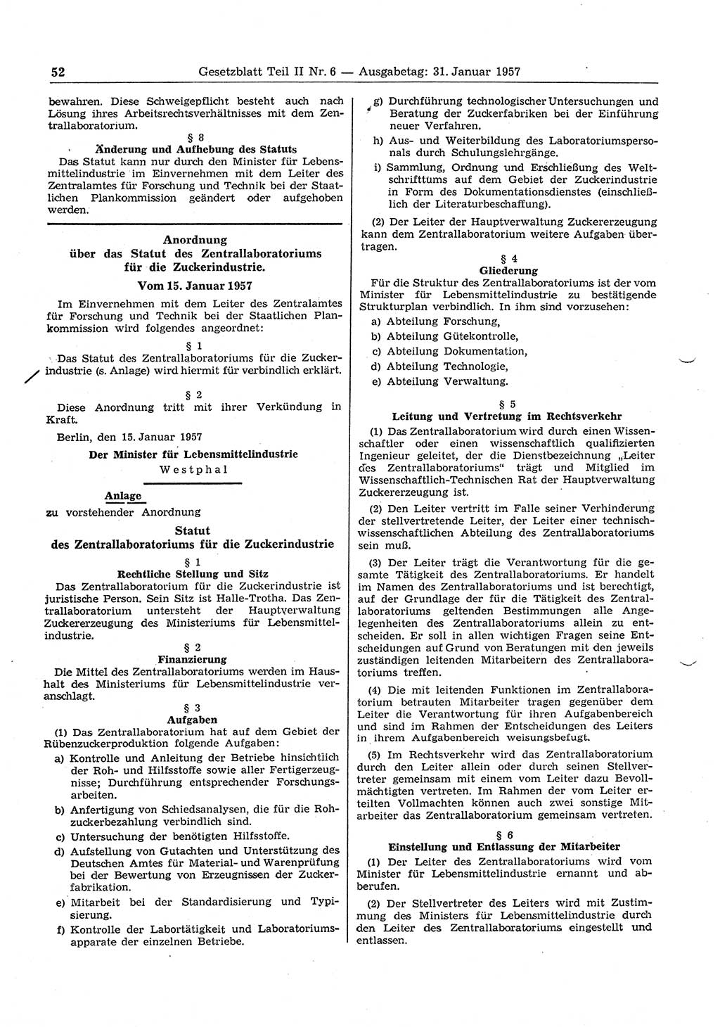 Gesetzblatt (GBl.) der Deutschen Demokratischen Republik (DDR) Teil ⅠⅠ 1957, Seite 52 (GBl. DDR ⅠⅠ 1957, S. 52)