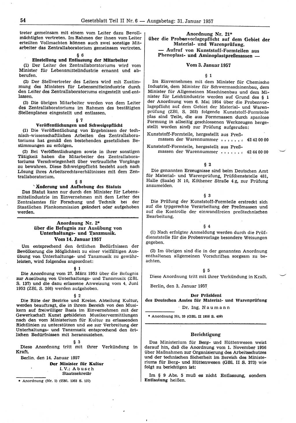 Gesetzblatt (GBl.) der Deutschen Demokratischen Republik (DDR) Teil ⅠⅠ 1957, Seite 54 (GBl. DDR ⅠⅠ 1957, S. 54)