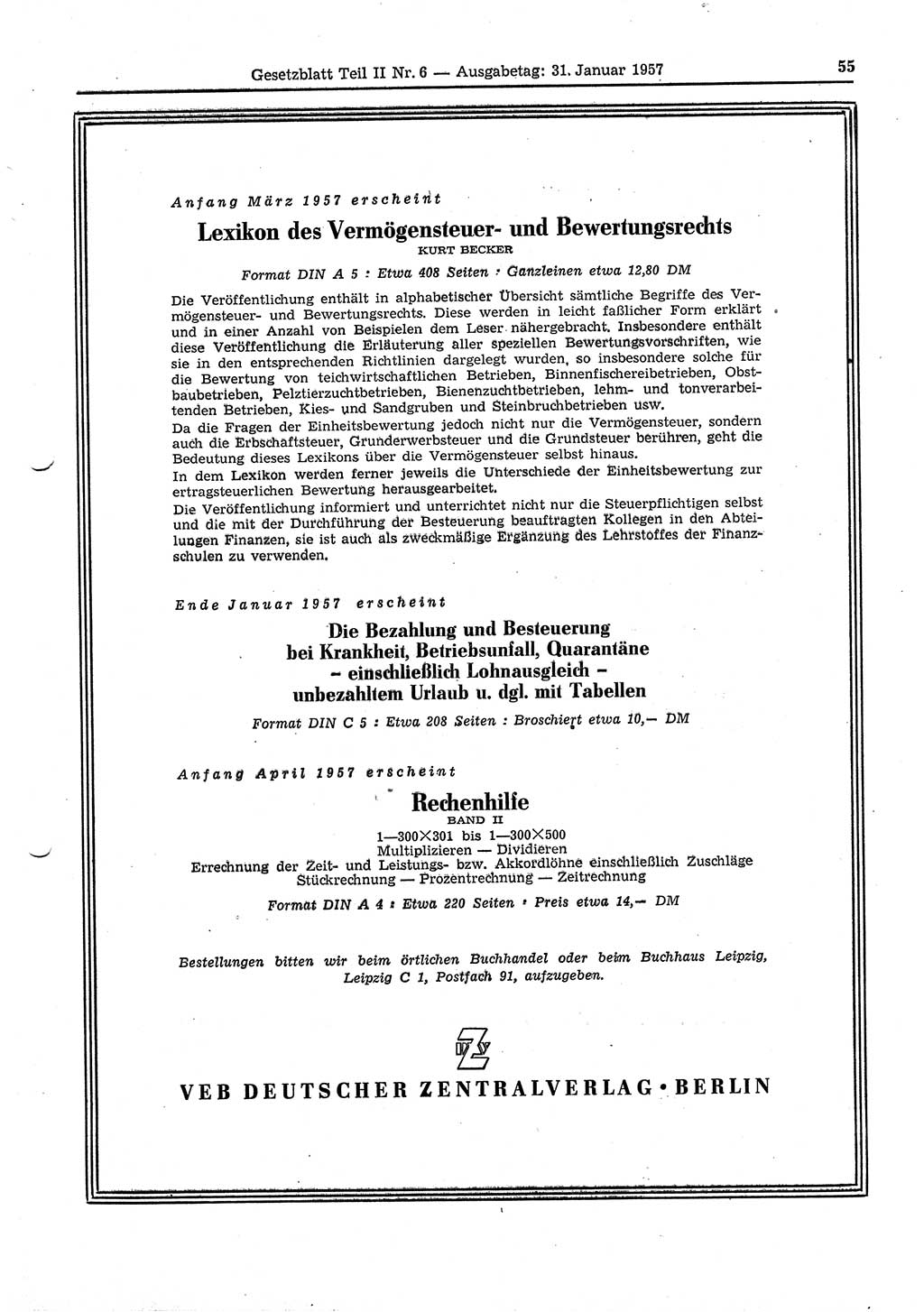 Gesetzblatt (GBl.) der Deutschen Demokratischen Republik (DDR) Teil ⅠⅠ 1957, Seite 55 (GBl. DDR ⅠⅠ 1957, S. 55)