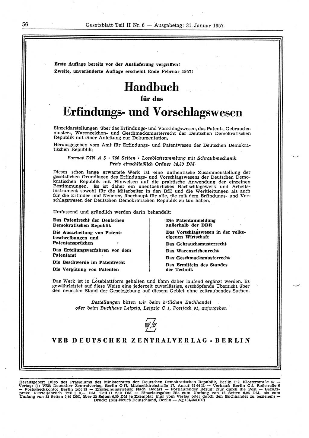 Gesetzblatt (GBl.) der Deutschen Demokratischen Republik (DDR) Teil ⅠⅠ 1957, Seite 56 (GBl. DDR ⅠⅠ 1957, S. 56)