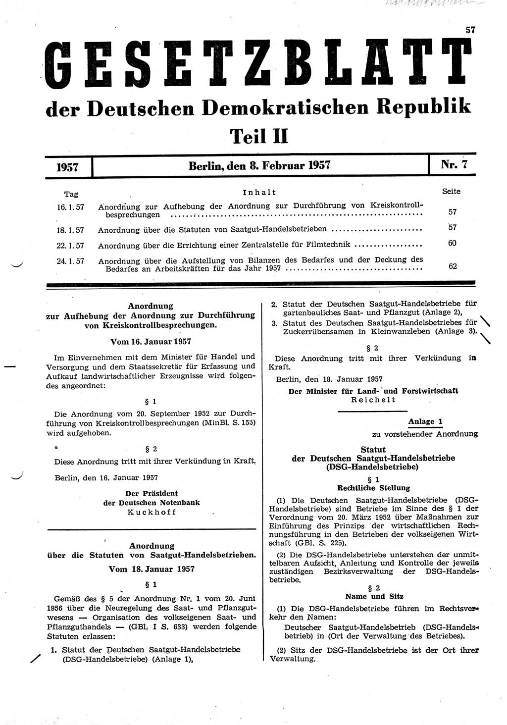 Gesetzblatt (GBl.) der Deutschen Demokratischen Republik (DDR) Teil ⅠⅠ 1957, Seite 57 (GBl. DDR ⅠⅠ 1957, S. 57)