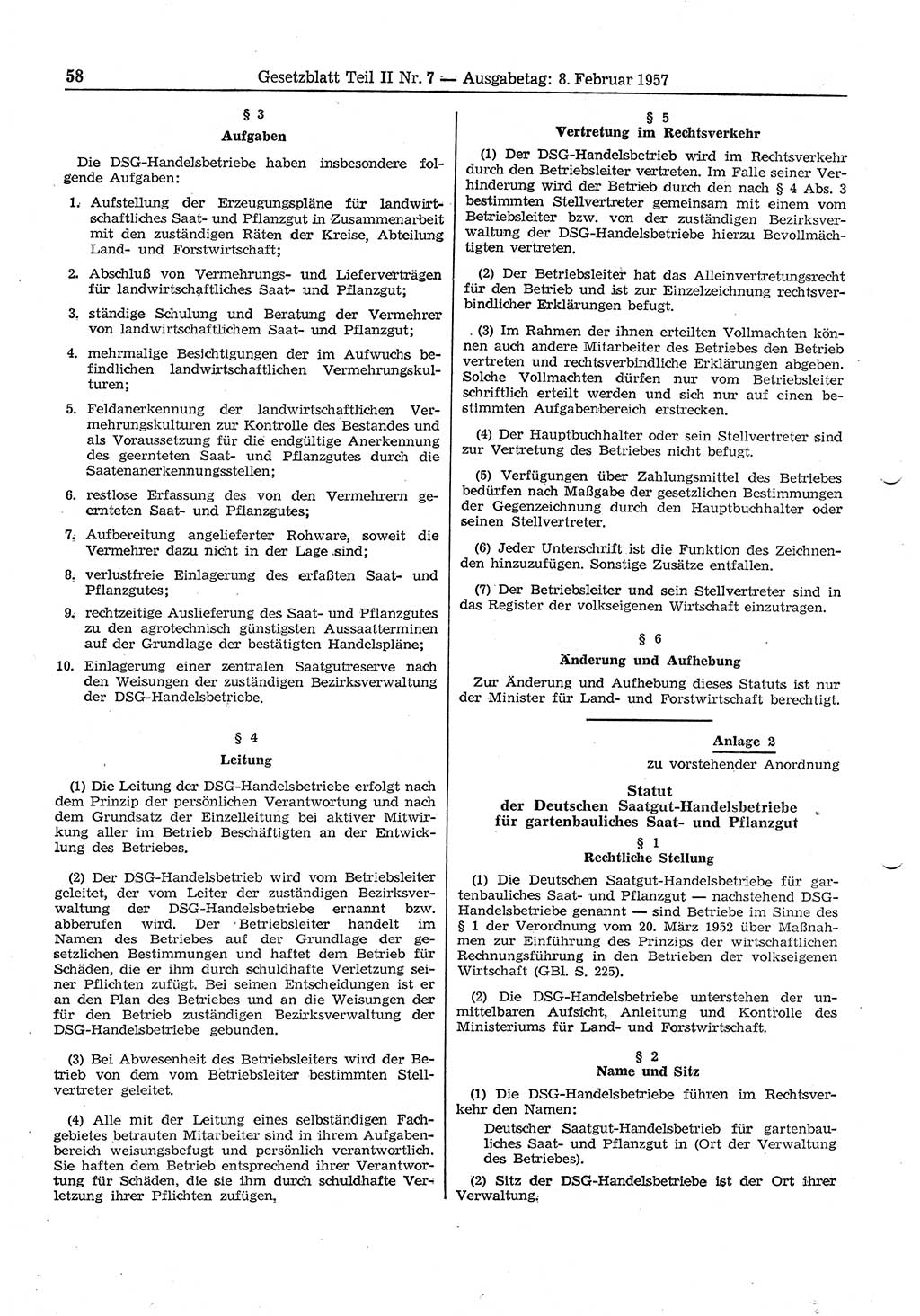 Gesetzblatt (GBl.) der Deutschen Demokratischen Republik (DDR) Teil ⅠⅠ 1957, Seite 58 (GBl. DDR ⅠⅠ 1957, S. 58)