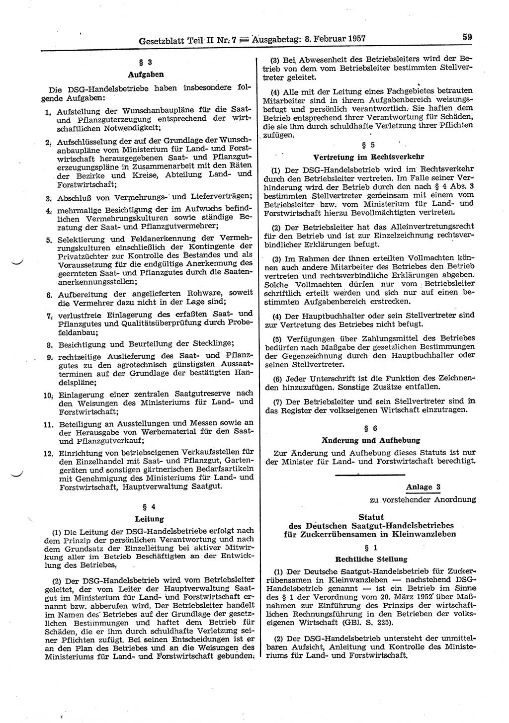 Gesetzblatt (GBl.) der Deutschen Demokratischen Republik (DDR) Teil ⅠⅠ 1957, Seite 59 (GBl. DDR ⅠⅠ 1957, S. 59)