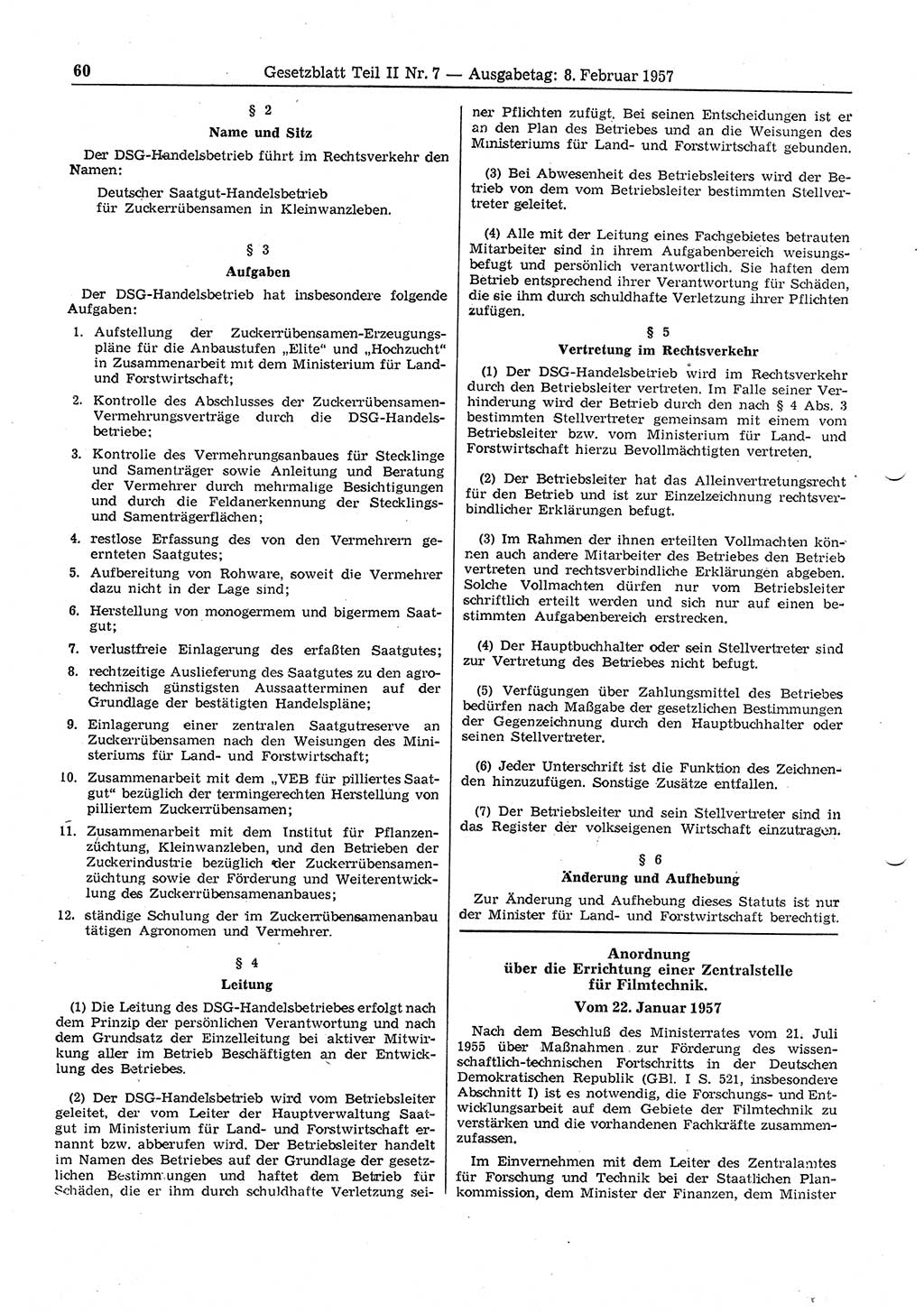 Gesetzblatt (GBl.) der Deutschen Demokratischen Republik (DDR) Teil ⅠⅠ 1957, Seite 60 (GBl. DDR ⅠⅠ 1957, S. 60)