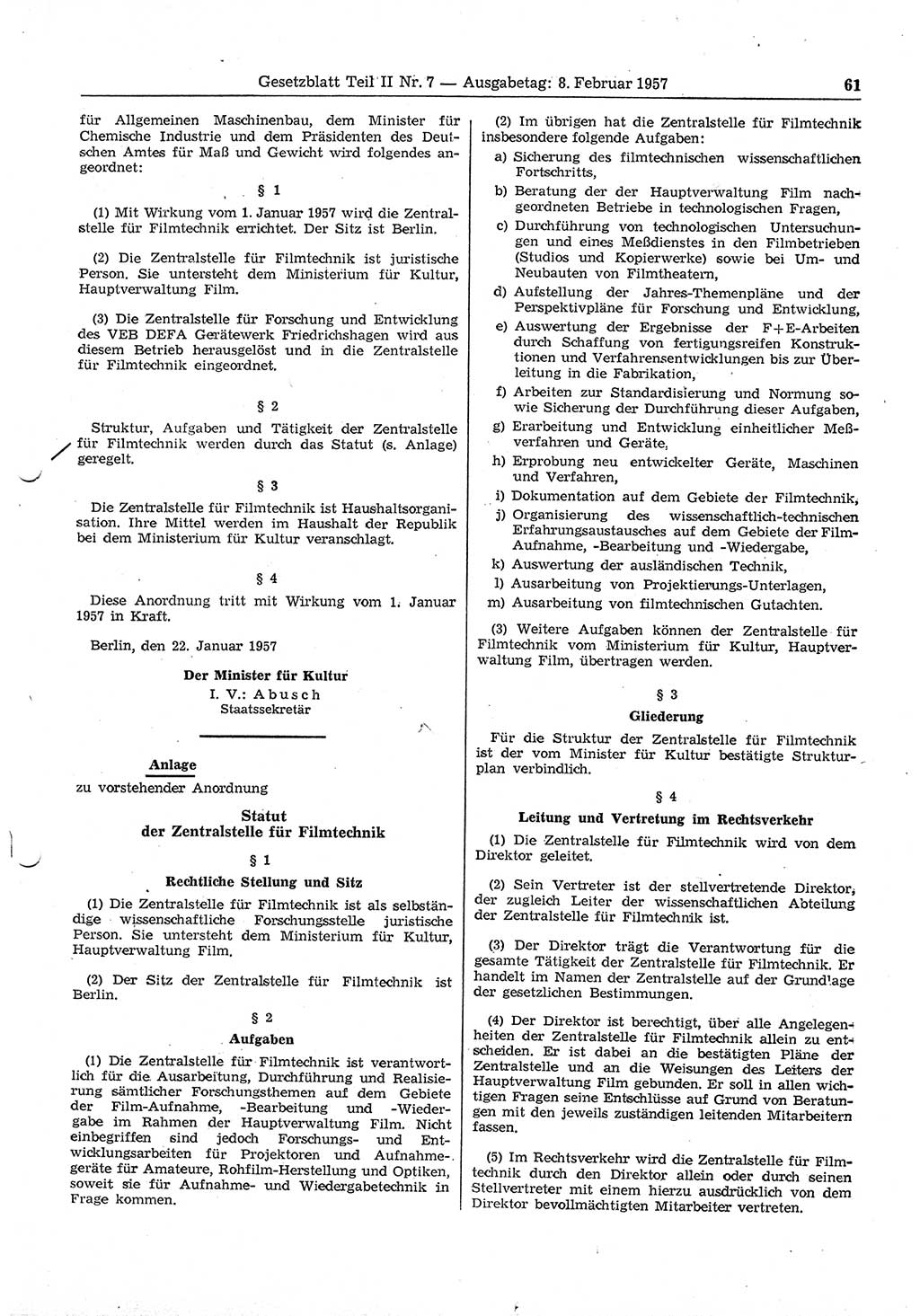 Gesetzblatt (GBl.) der Deutschen Demokratischen Republik (DDR) Teil ⅠⅠ 1957, Seite 61 (GBl. DDR ⅠⅠ 1957, S. 61)