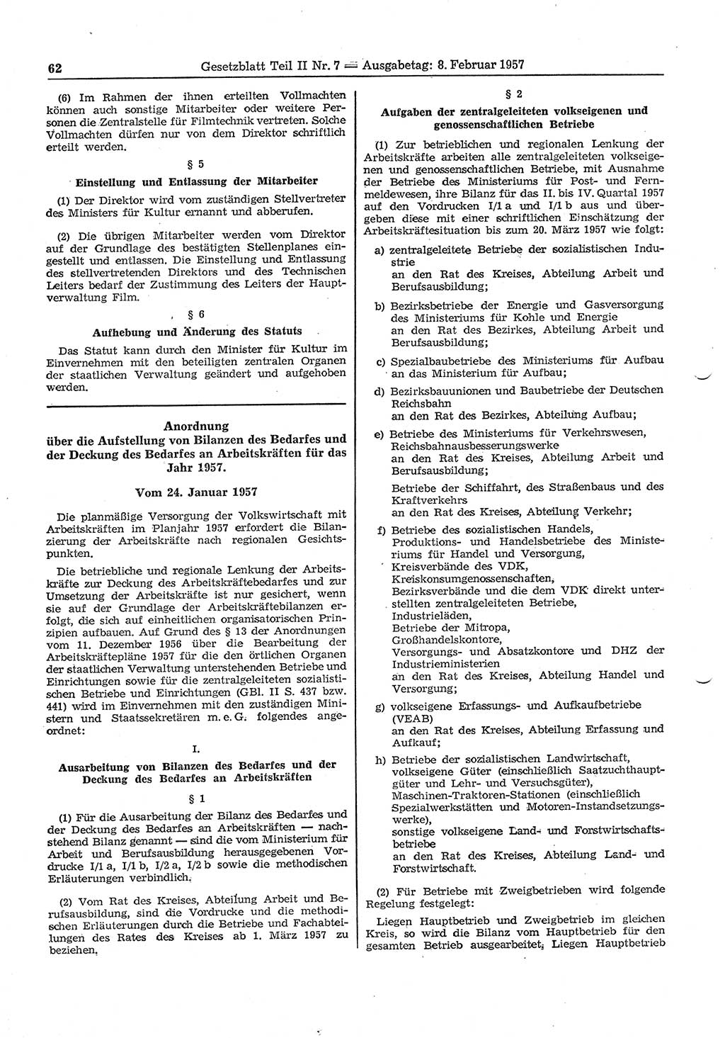 Gesetzblatt (GBl.) der Deutschen Demokratischen Republik (DDR) Teil ⅠⅠ 1957, Seite 62 (GBl. DDR ⅠⅠ 1957, S. 62)