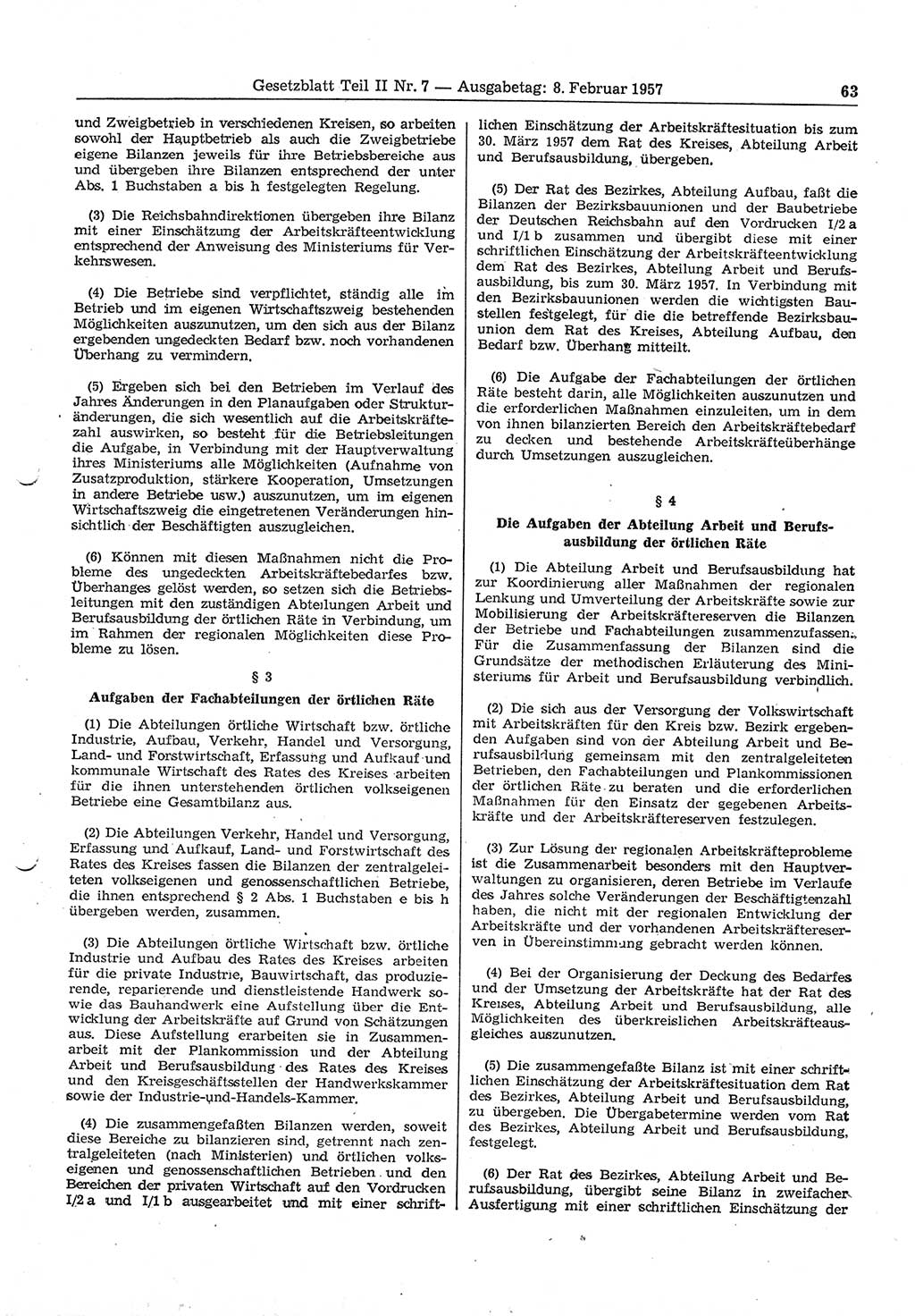 Gesetzblatt (GBl.) der Deutschen Demokratischen Republik (DDR) Teil ⅠⅠ 1957, Seite 63 (GBl. DDR ⅠⅠ 1957, S. 63)