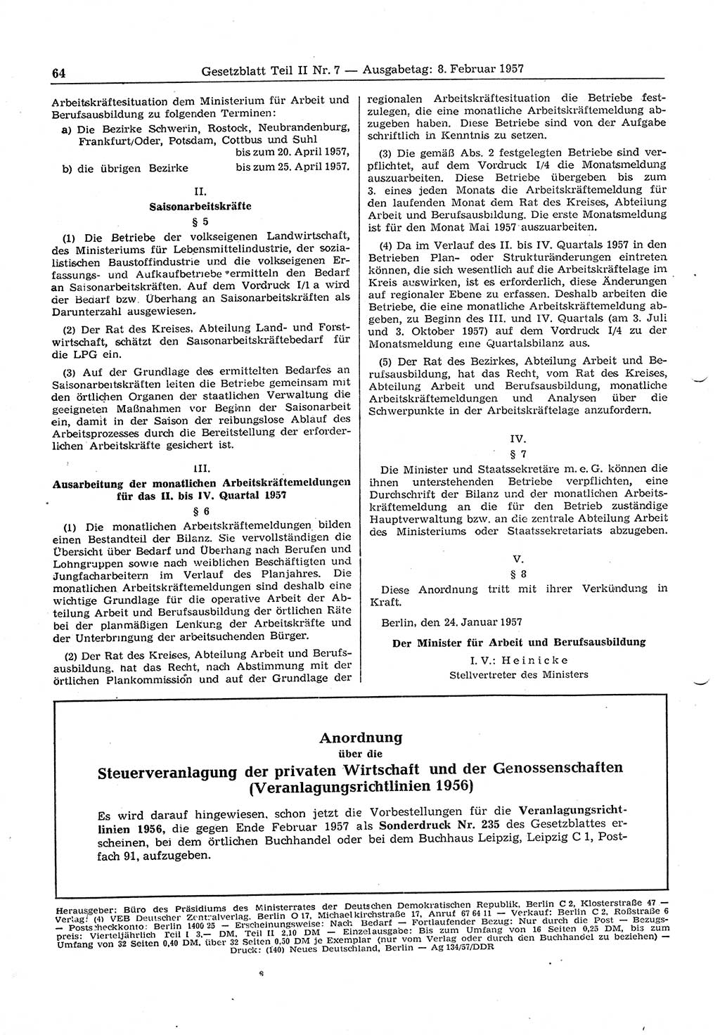Gesetzblatt (GBl.) der Deutschen Demokratischen Republik (DDR) Teil ⅠⅠ 1957, Seite 64 (GBl. DDR ⅠⅠ 1957, S. 64)