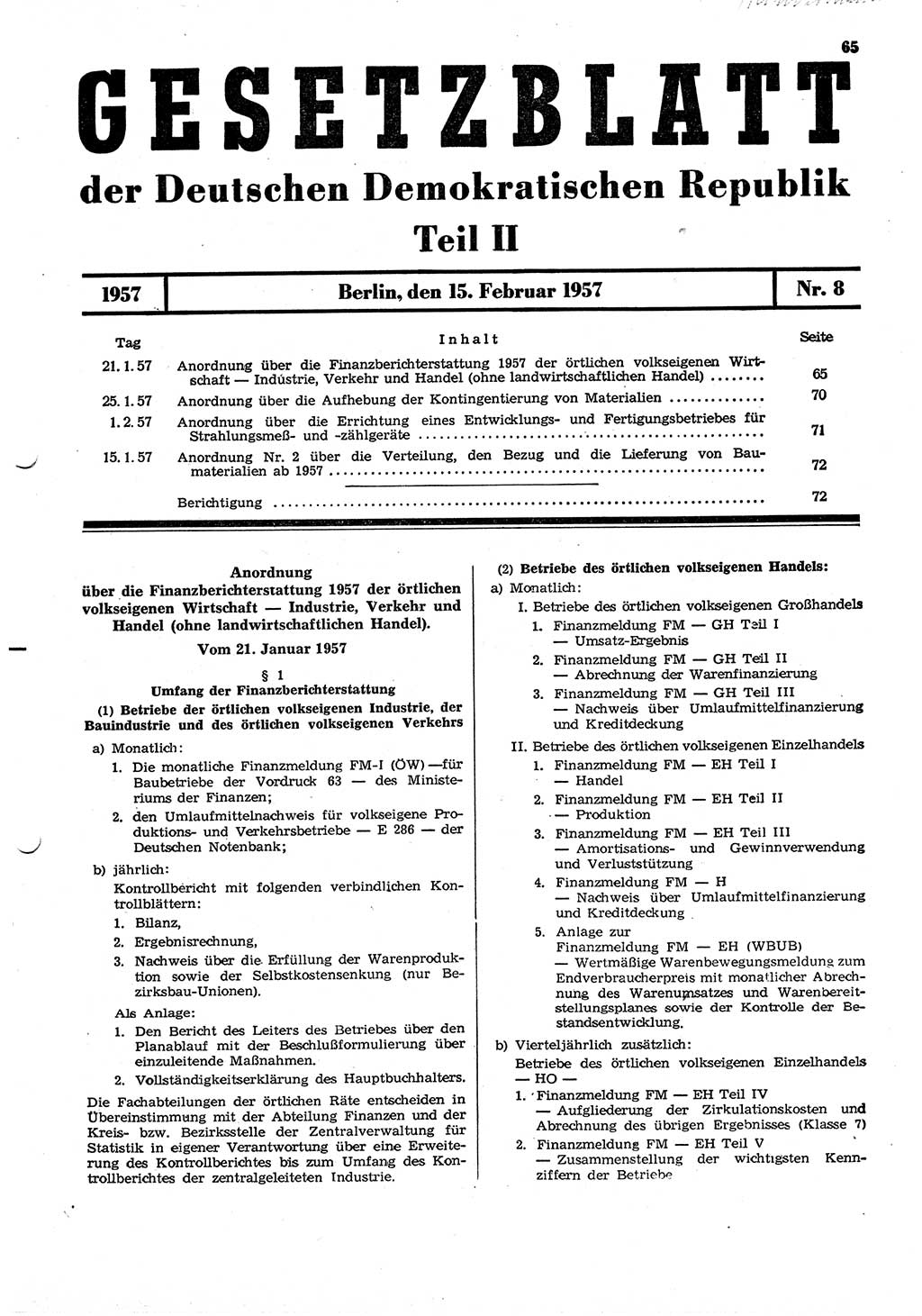 Gesetzblatt (GBl.) der Deutschen Demokratischen Republik (DDR) Teil ⅠⅠ 1957, Seite 65 (GBl. DDR ⅠⅠ 1957, S. 65)