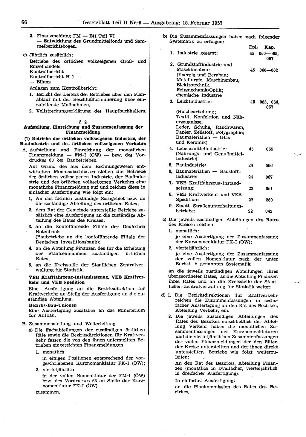 Gesetzblatt (GBl.) der Deutschen Demokratischen Republik (DDR) Teil ⅠⅠ 1957, Seite 66 (GBl. DDR ⅠⅠ 1957, S. 66)