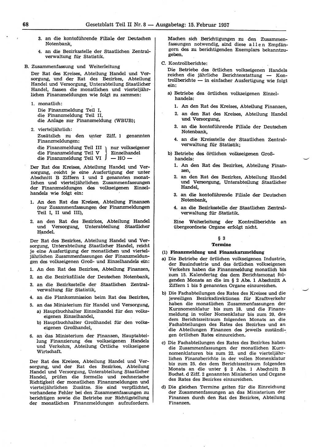 Gesetzblatt (GBl.) der Deutschen Demokratischen Republik (DDR) Teil ⅠⅠ 1957, Seite 68 (GBl. DDR ⅠⅠ 1957, S. 68)