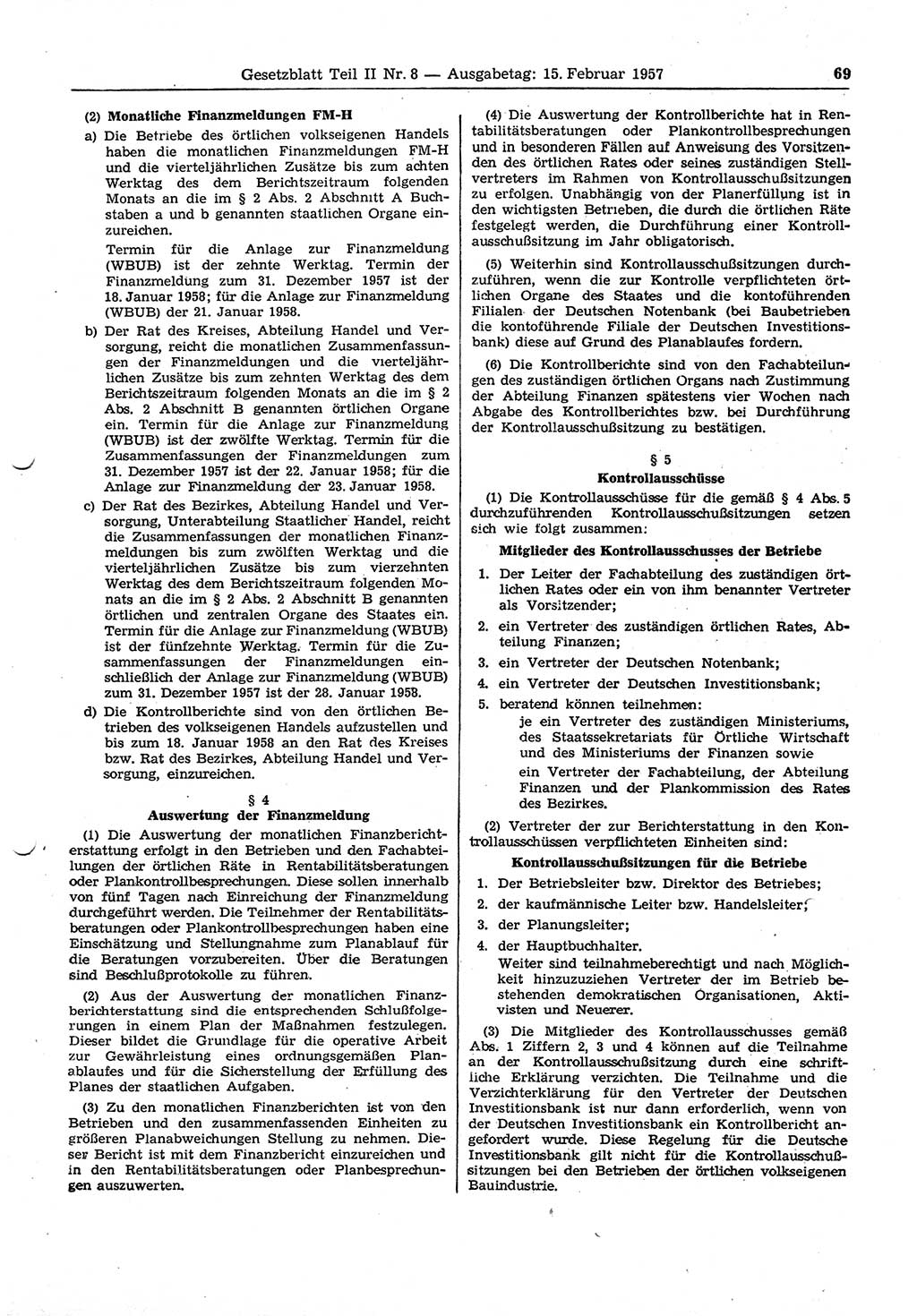 Gesetzblatt (GBl.) der Deutschen Demokratischen Republik (DDR) Teil ⅠⅠ 1957, Seite 69 (GBl. DDR ⅠⅠ 1957, S. 69)