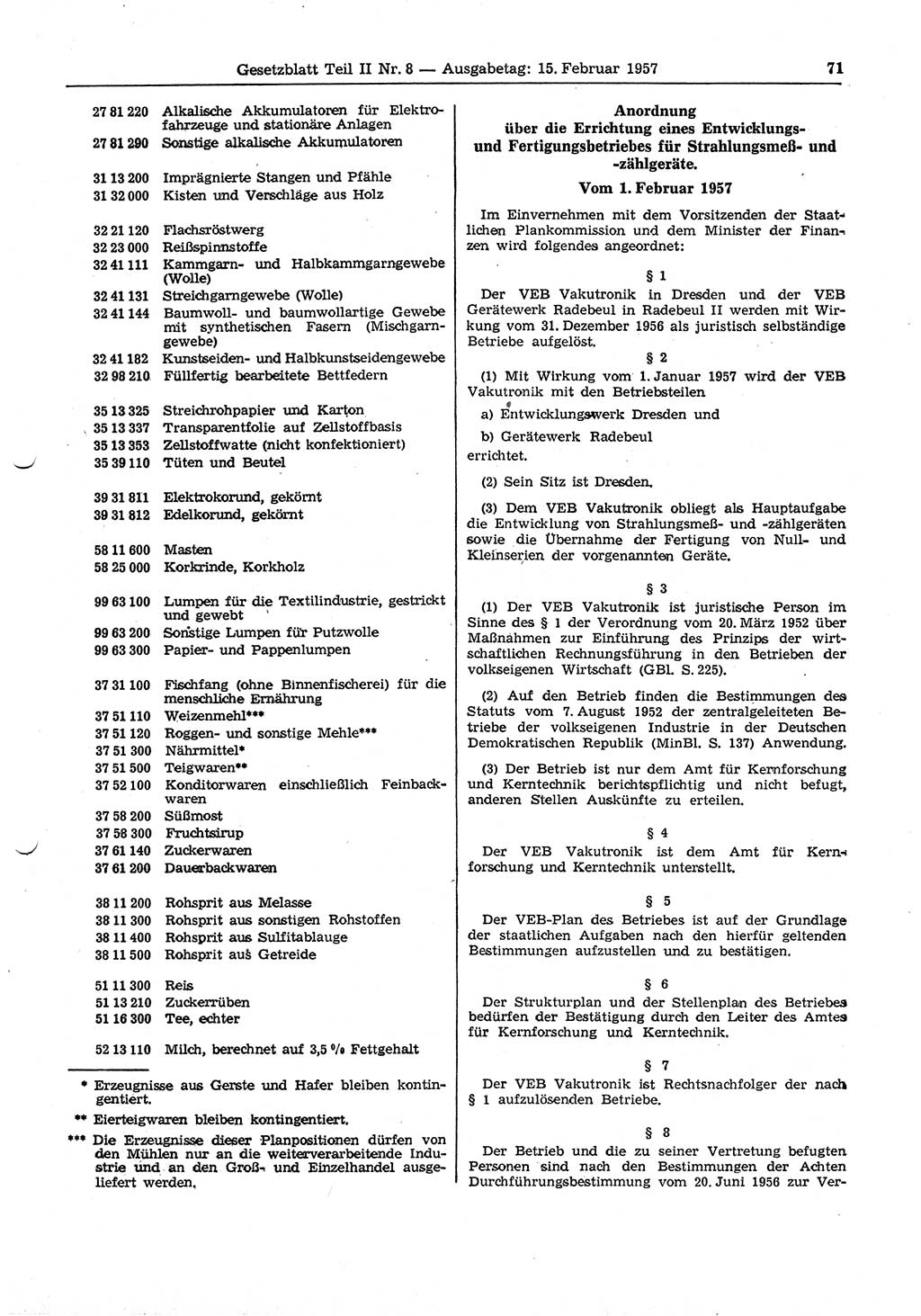 Gesetzblatt (GBl.) der Deutschen Demokratischen Republik (DDR) Teil ⅠⅠ 1957, Seite 71 (GBl. DDR ⅠⅠ 1957, S. 71)