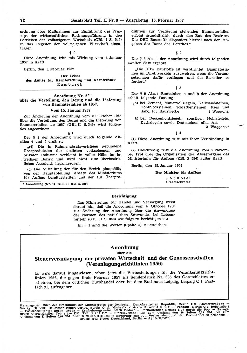 Gesetzblatt (GBl.) der Deutschen Demokratischen Republik (DDR) Teil ⅠⅠ 1957, Seite 72 (GBl. DDR ⅠⅠ 1957, S. 72)