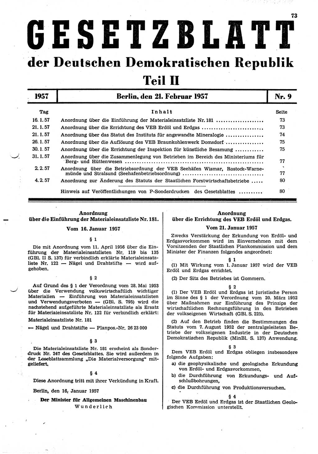 Gesetzblatt (GBl.) der Deutschen Demokratischen Republik (DDR) Teil ⅠⅠ 1957, Seite 73 (GBl. DDR ⅠⅠ 1957, S. 73)