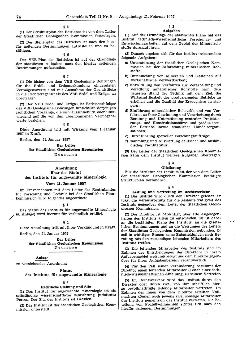 Gesetzblatt (GBl.) der Deutschen Demokratischen Republik (DDR) Teil ⅠⅠ 1957, Seite 74 (GBl. DDR ⅠⅠ 1957, S. 74)