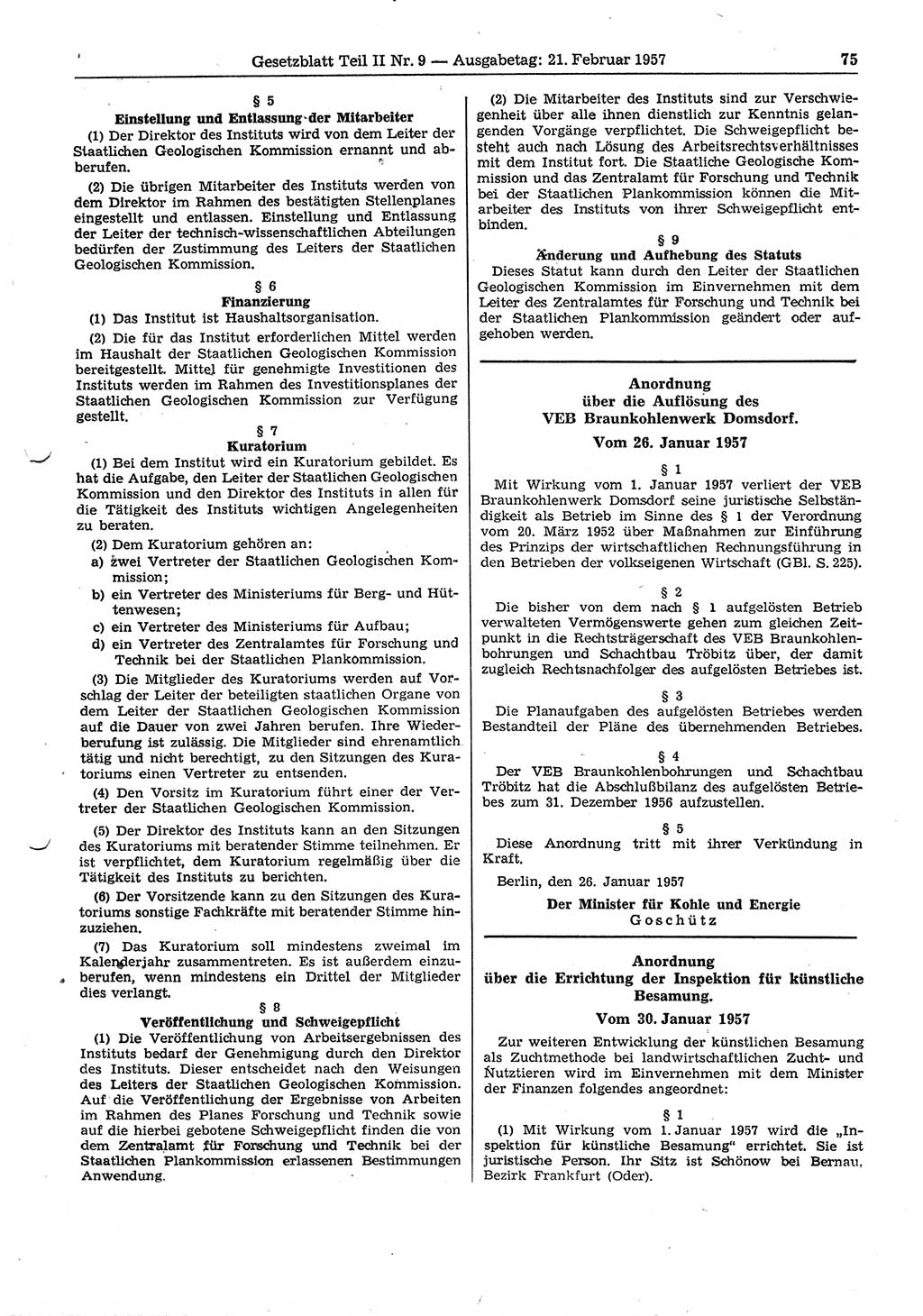 Gesetzblatt (GBl.) der Deutschen Demokratischen Republik (DDR) Teil ⅠⅠ 1957, Seite 75 (GBl. DDR ⅠⅠ 1957, S. 75)