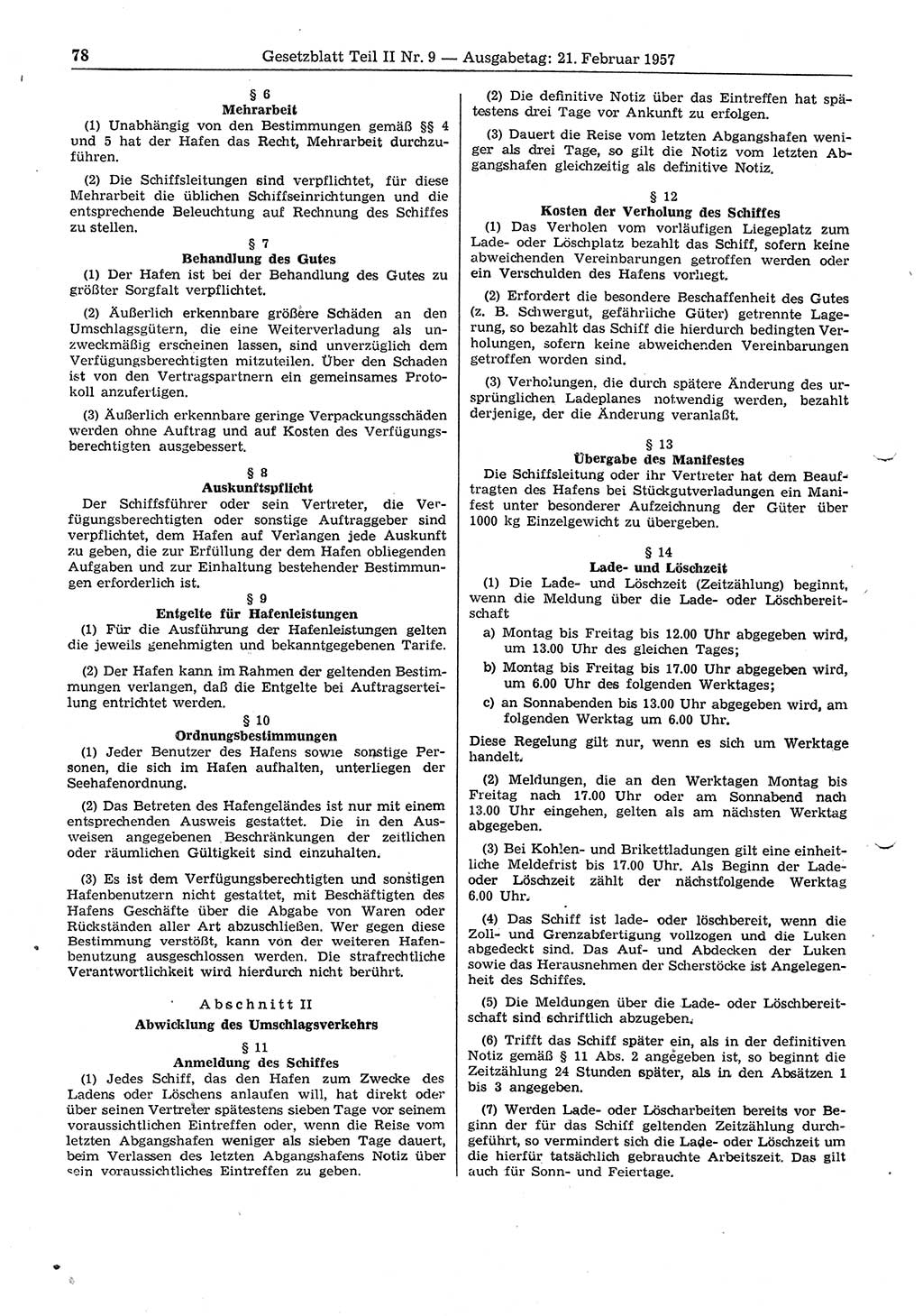 Gesetzblatt (GBl.) der Deutschen Demokratischen Republik (DDR) Teil ⅠⅠ 1957, Seite 78 (GBl. DDR ⅠⅠ 1957, S. 78)