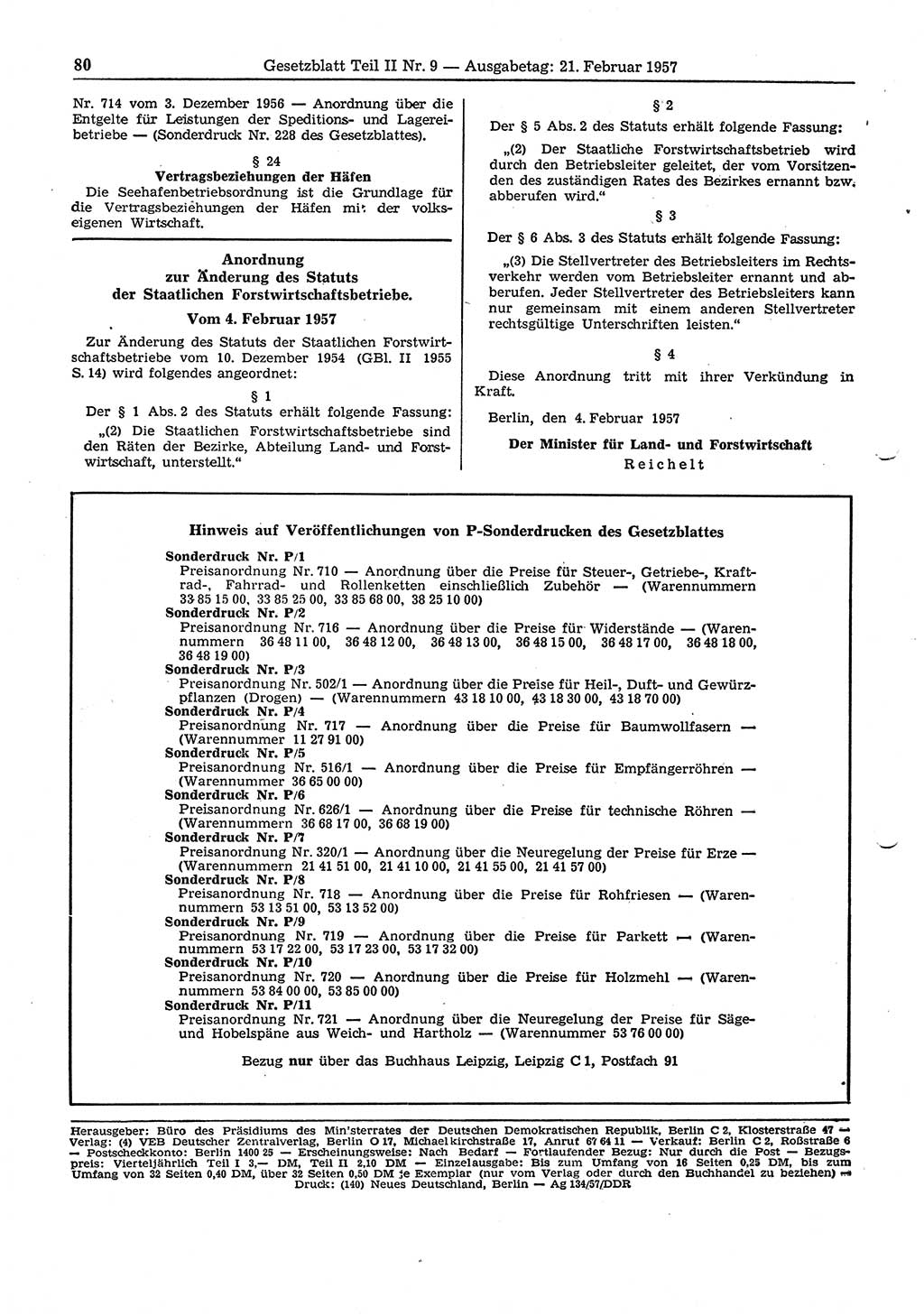 Gesetzblatt (GBl.) der Deutschen Demokratischen Republik (DDR) Teil ⅠⅠ 1957, Seite 80 (GBl. DDR ⅠⅠ 1957, S. 80)