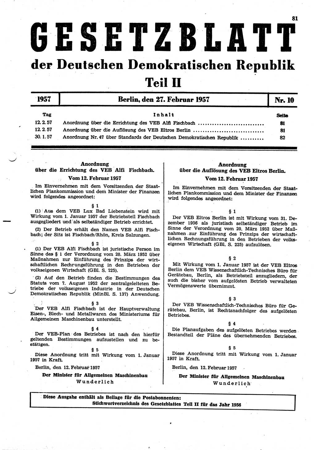 Gesetzblatt (GBl.) der Deutschen Demokratischen Republik (DDR) Teil ⅠⅠ 1957, Seite 81 (GBl. DDR ⅠⅠ 1957, S. 81)