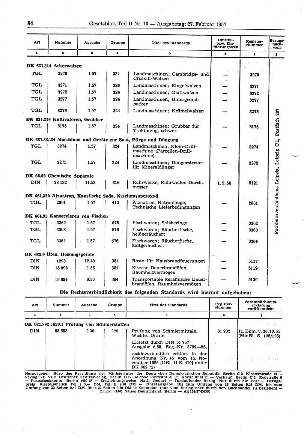 Gesetzblatt (GBl.) der Deutschen Demokratischen Republik (DDR) Teil ⅠⅠ 1957, Seite 84 (GBl. DDR ⅠⅠ 1957, S. 84)