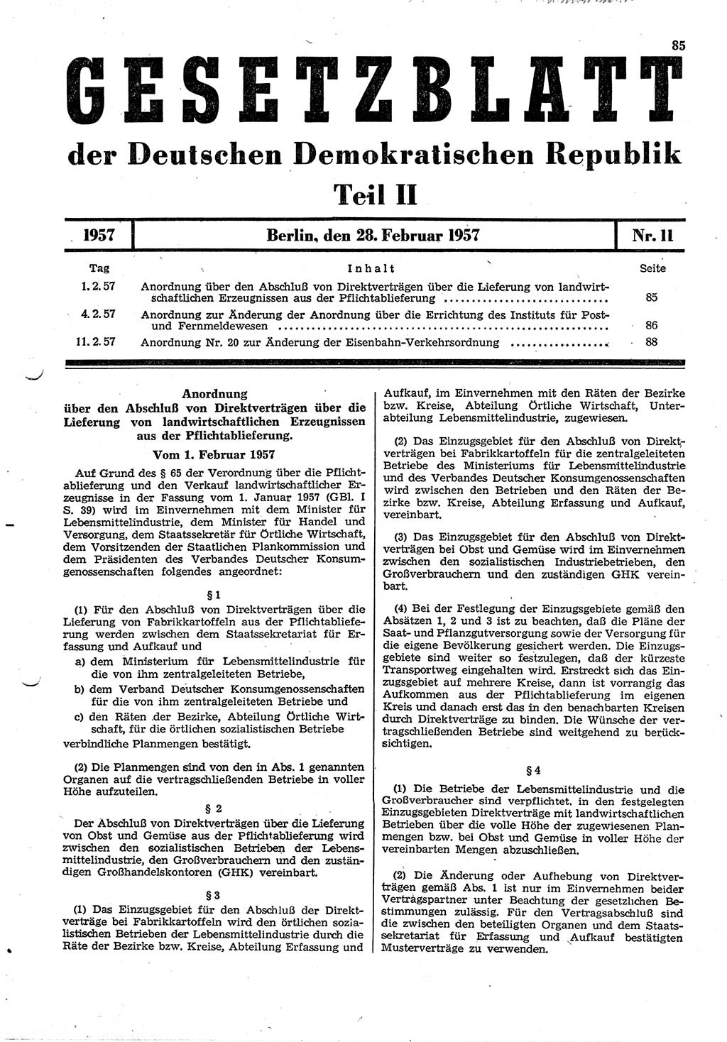 Gesetzblatt (GBl.) der Deutschen Demokratischen Republik (DDR) Teil ⅠⅠ 1957, Seite 85 (GBl. DDR ⅠⅠ 1957, S. 85)