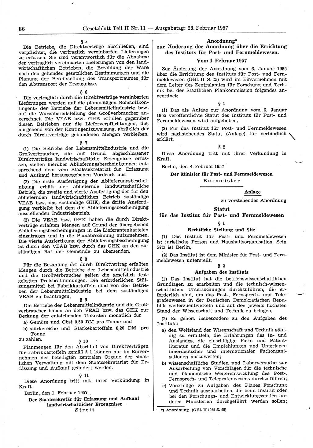 Gesetzblatt (GBl.) der Deutschen Demokratischen Republik (DDR) Teil ⅠⅠ 1957, Seite 86 (GBl. DDR ⅠⅠ 1957, S. 86)