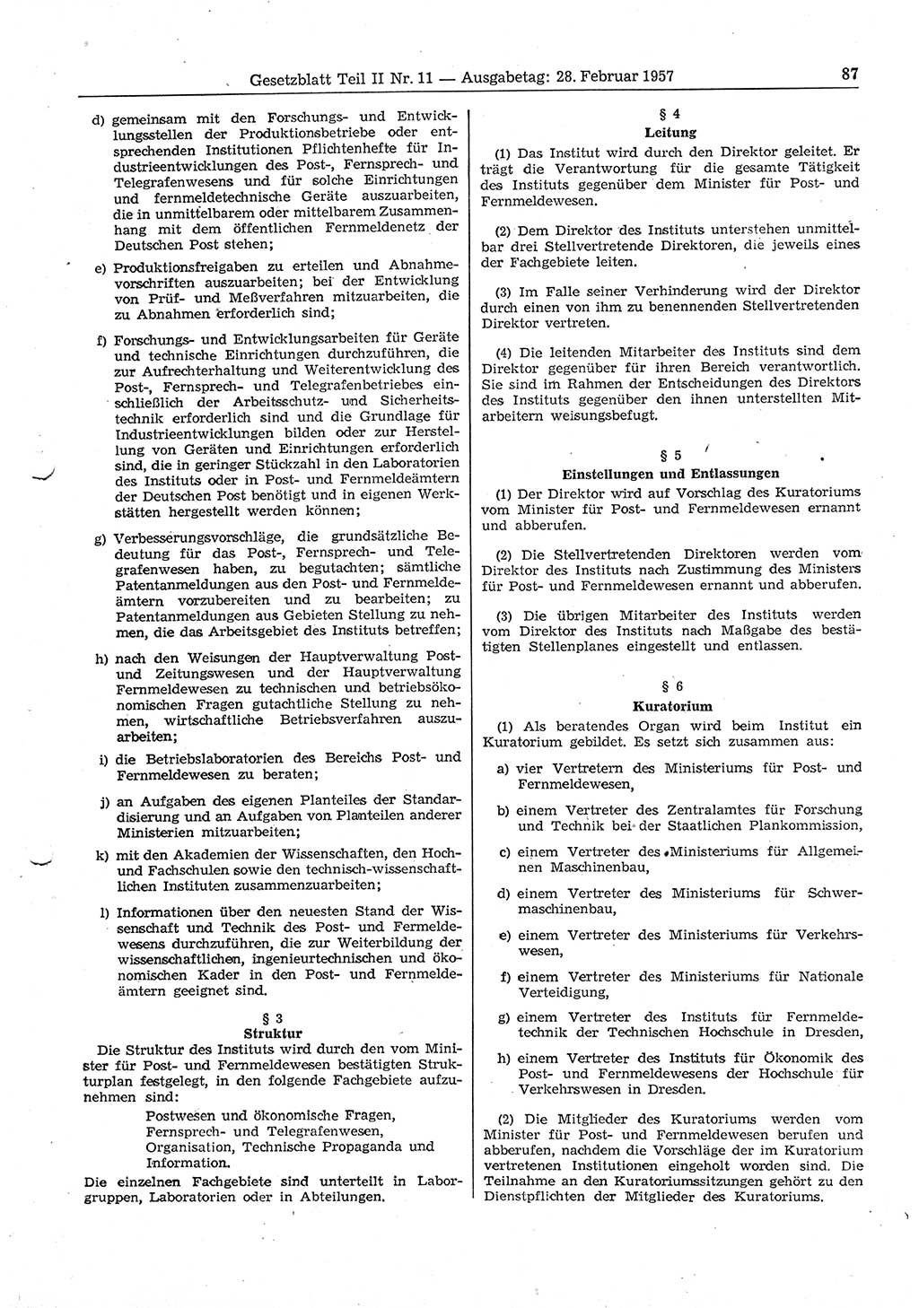 Gesetzblatt (GBl.) der Deutschen Demokratischen Republik (DDR) Teil ⅠⅠ 1957, Seite 87 (GBl. DDR ⅠⅠ 1957, S. 87)