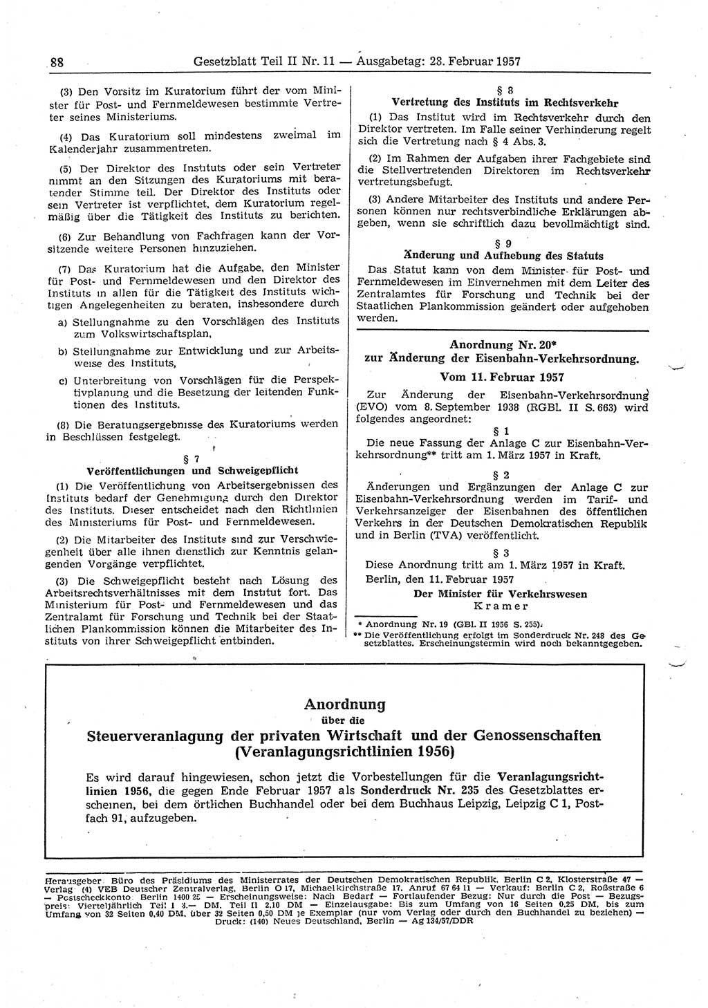Gesetzblatt (GBl.) der Deutschen Demokratischen Republik (DDR) Teil ⅠⅠ 1957, Seite 88 (GBl. DDR ⅠⅠ 1957, S. 88)